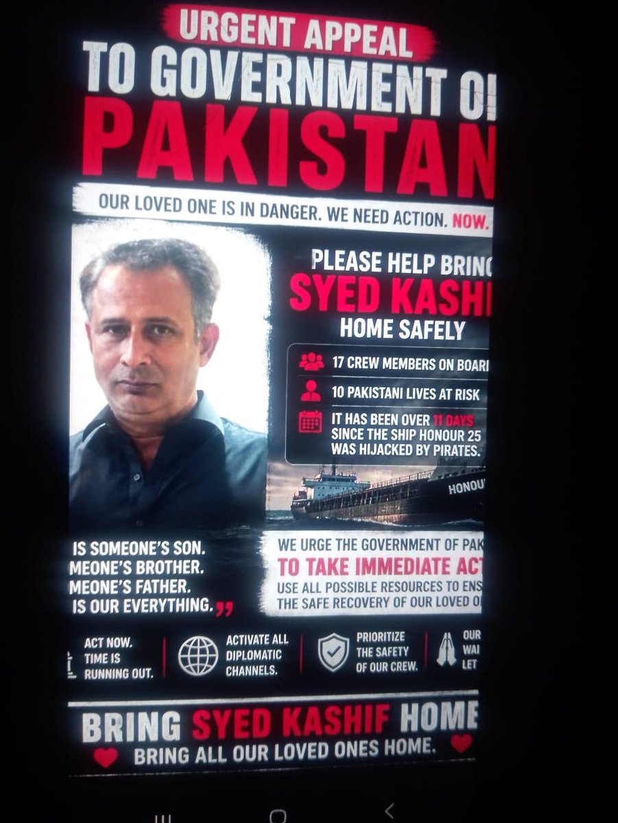 It’s heartbreaking information shared about Pakistanis being held hostage by Somali Pirates on Sailor ship. Good numbers of people are under their captivity.  <a href="/OfficialDGISPR/">DG ISPR</a>  .<a href="/MIshaqDar50/">Ishaq Dar</a> is requested to help these hostages held by the pirates &amp; bring them back  home safely plz