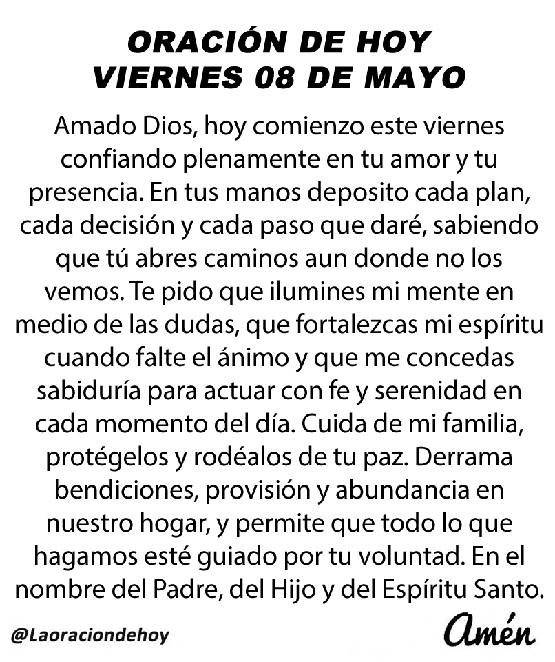 Oración diaria para hoy viernes 08 de mayo de 2026.