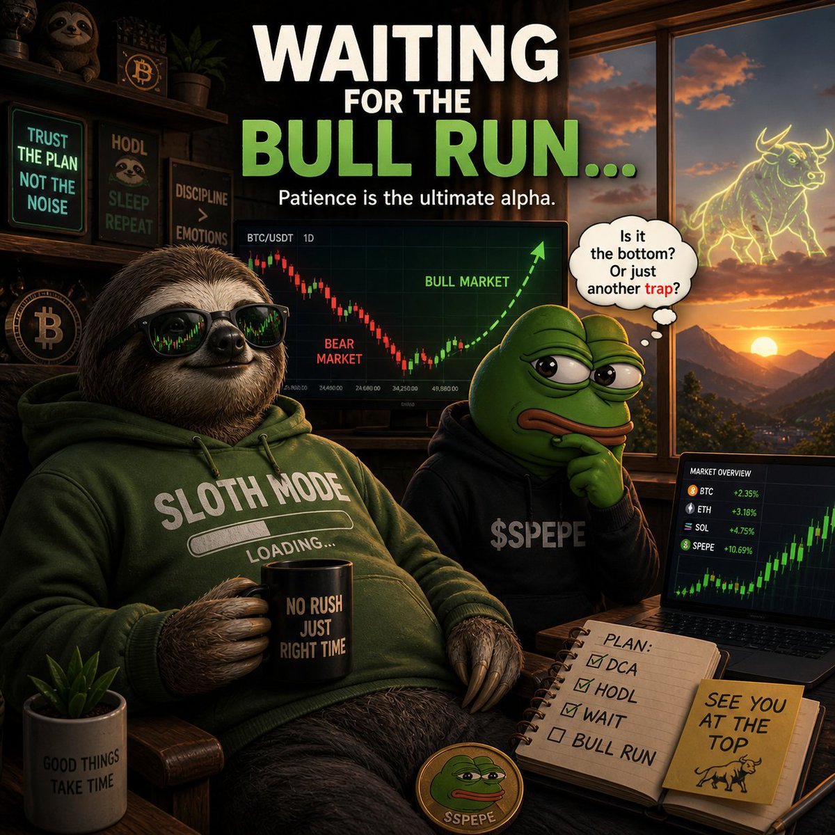 Slothspepe's tweet photo. Slow doesn’t mean late.
It means ready for the bull run. 🐂

#Slothspepe Move slow. Enter smart.
Win big in the bull run. https://t.co/BUto8ccN4Z