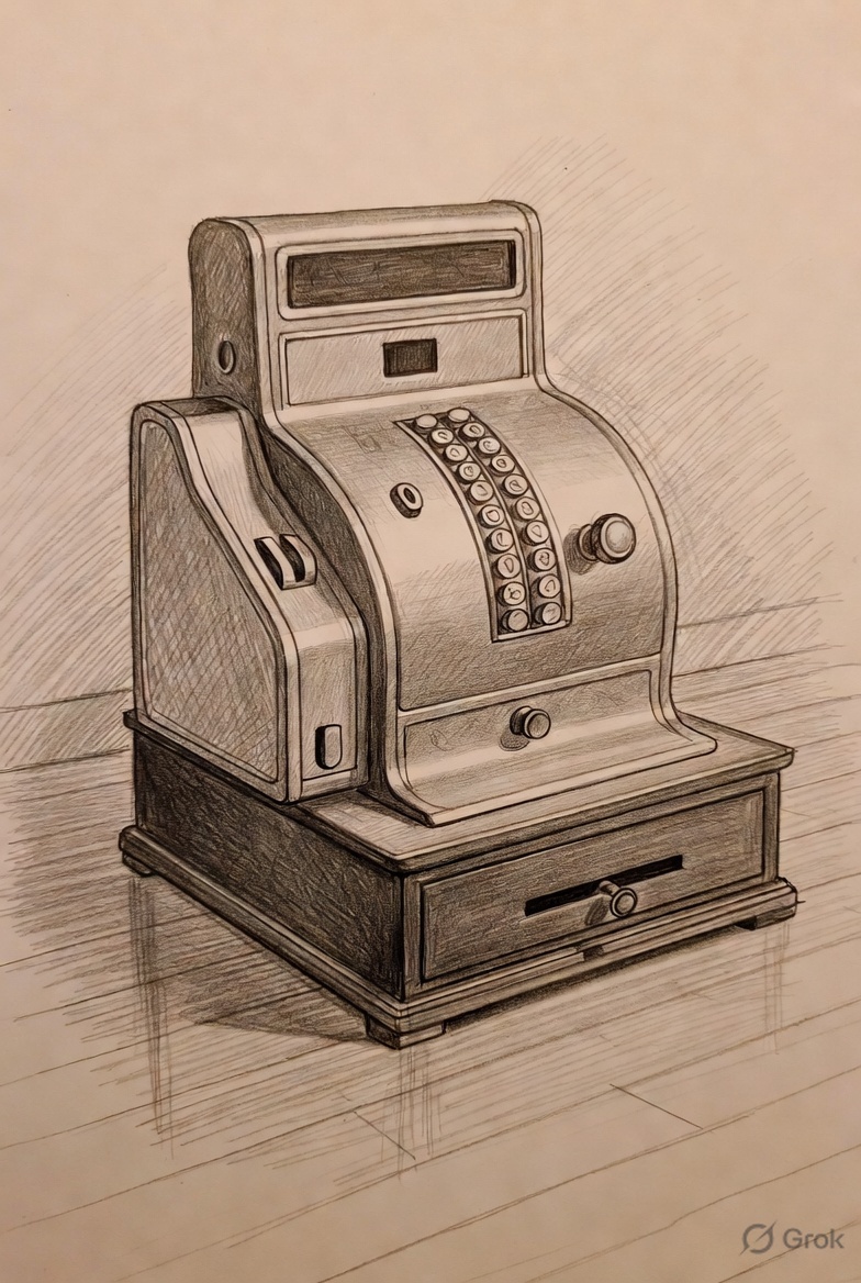 <a href="/WallersGallery/">WallersGallery</a> <a href="/texastornado5/">Colin Edwards</a> Sure! Here's a vintage cash register sketch on polished hardwood.