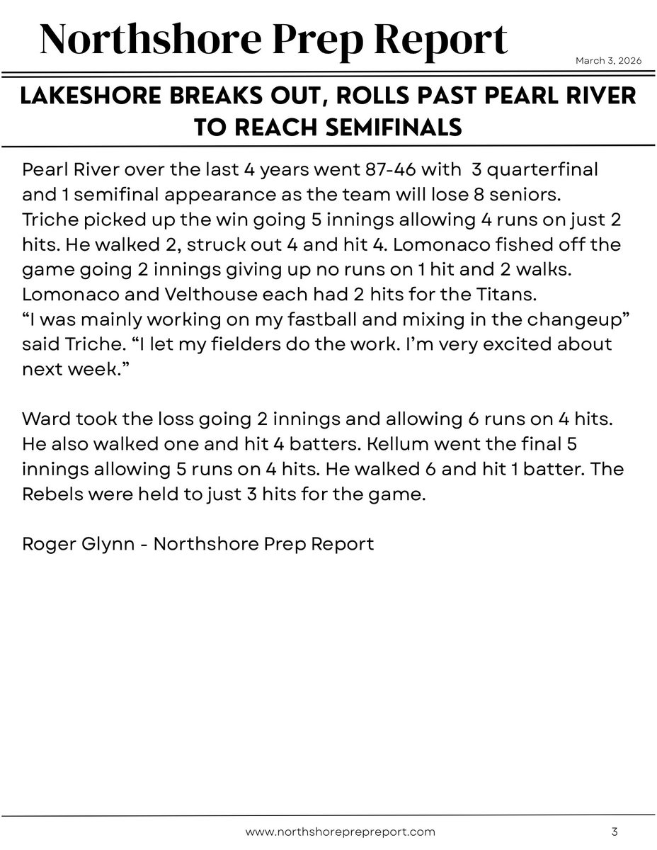NorthshorePrepR's tweet photo. ⚾️ Lakeshore’s Game 3 win over District rival Pearl River propels the Titans to the Semifinals! Story by @RogerRogglynn @TitanUpBaseball https://t.co/pd5MBE768O
