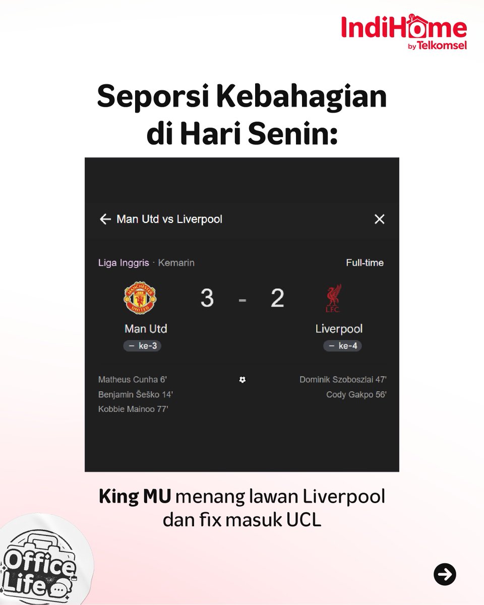 IniMinNeo's tweet photo. Senin ��menyala”!🔥MU menang, cuti di-acc, WFH beres &amp; dipuji bos. Biar makin lancar tanpa drama, pakai Promo WFH Mania:

✨Bayar 12 bln = 17 bln
✨Upgrade ke 100 Mbps (90 hari)
✨Rp175rb/bln

Daftar: MyTelkomsel / https://t.co/zaTV522uY6 / GraPARI

#WFHMania #IndiHome #Tsel4u https://t.co/LwB5D7wzqG