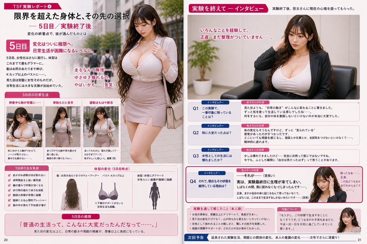 yonyon_sft's tweet photo. 毎日、女性化していく実験レポート
chatgpt製です。

バストサイズを大きくできることが分かったので、作ってみた
このあと、一人称視点を作ろうとしたら案の定はじかれた（・ω・）

#TSF #AIart https://t.co/m9NXCg2e1y