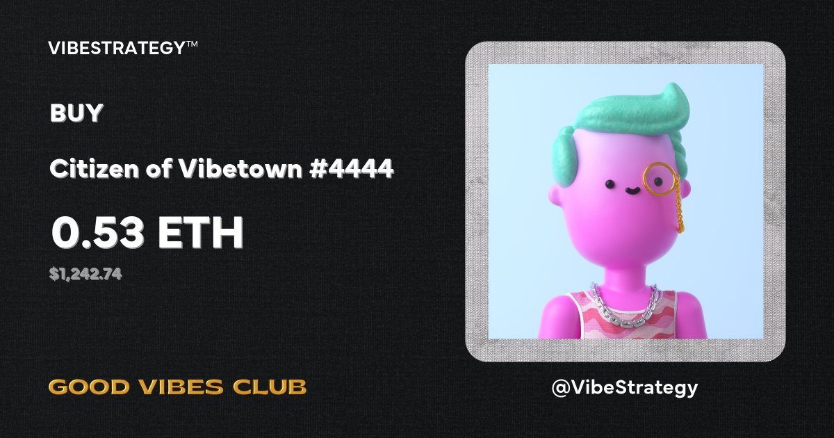 vibestrategy's tweet photo. VibeStrategy™ has bought Citizen of Vibetown #4444 for 0.53 ETH.

#VibeStrategy now holds 215 NFTs.

Progress to next purchase: 1.8%

$VIBESTR:
📊 MCap/FDV: $1.7M
👥 1,090 holders
🔥 27.0% burned

URL: https://t.co/qVqMMrF522 https://t.co/I9IULR6ziq