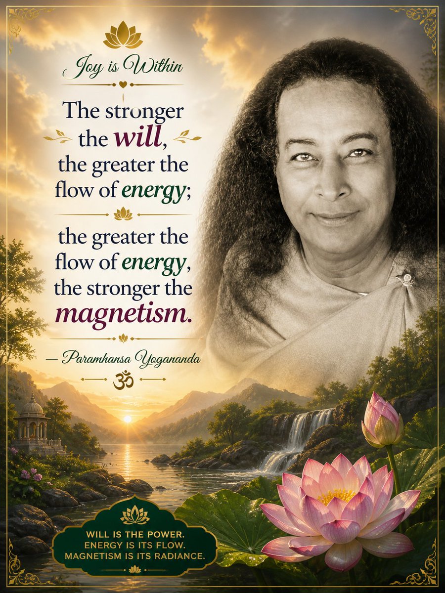 ssoulblossom's tweet photo. The strength of your will shapes the energy you radiate.
Align your thoughts, and your inner power becomes your magnetism. ✨🕉️
#ParamahansaYogananda #JoyIsWithin #SpiritualWisdom #InnerPower #Meditation #Mindfulness #PositiveEnergy #SelfRealization #SpiritualGrowth #DailyInspiration #LawOfAttraction #InnerPeace #Motivation #AwakenWithin #DivineEnergy