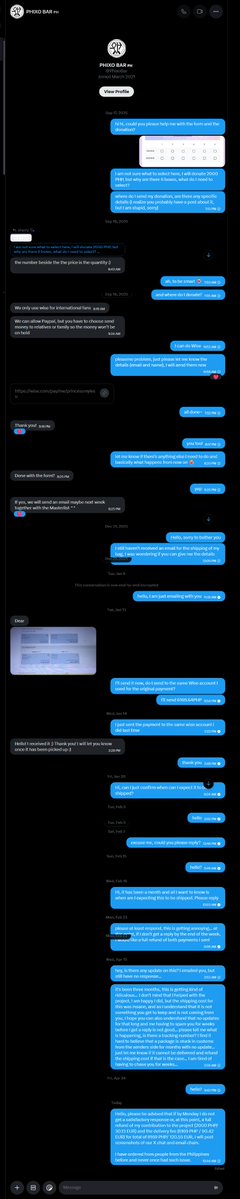 dennyrobinavich's tweet photo. I am asking for your help to share this.
Posting this from here and not my other account (@ll_cherries), since I will be able to write everything in one post here. 

I have been waiting to receive an item from @PhixoBar since last year and haven't received any response from the fanbase below for months now, and if I won't get what I paid for, without even the courtesy of response, I need help.

On the 17th of Sep 2025, I asked @PhixoBar if they can ship the below items to Europe as well, and they confirmed they can. 
I proceeded with filling out the form and transferring the full amount immediately, as I wanted to contribute to the project as quickly as possible. 

They were very helpful and assisted me with my questions quickly, advising I will receive an email with follow-up steps.

On the 7th of December 2025, I messaged and emailed them requesting more information, as I haven't received anything at that point. 

I did not receive a response for several weeks, so I followed up on the 30th of December. 

On the 6th of January 2026 they responded, I provided my address for shipping the item and they advised me of the delivery fee (screenshot they provided below), which I also immediately transferred. 

On 11th of February 2026, I messaged and emailed again asking for an update, as after paying for the shipping and providing my address, I have not received any further information. 

They responded on the 27th of February advising me that they have already shipped it, but there was no transaction number yet because it was still under the Philippine customs. 

At this point, I thought, it's weird for that to be happening for two months now, but okay. 

This was the last time I heard from them. 

I have been periodically following up with them both from X and via email, but I never got a response anywhere. 

I genuinely wanted to help with the project and even if it was without receiving any item, I would've been happy to contribute for Baekhyun. If they have just told me they can't ship the item, I would've understood and still donate. 

At this point, however, I am feeling lied to; those are money I worked for and that fact being so disrespected by fellow EXO-Ls is making me very sad. I wouldn't have even thought to request a refund if I have simply received a response, we could've come to an understanding.

I have never had such experience with the numerous orders I have made from the Philippines, and specifically from other EXO-Ls. I did not expected it form a fanbase that I haven't heard anything bad about.

I understand some things (like what happens with the item after it is shipped) are beyond the sender's control, however, I have been ignored for months now and I am simply tired. They cannot convince me in any way that no tracking number has been generated for 3 whole months. 

I do not know what outcome I expect by writing this, but I have already advised them I am requesting full refund. 

I am sharing screenshots of the above mentioned conversations and details. 

Lastly, I am proud to be an EXO-L, I am still here even through the hard times, and I know the fanbases do a lot of good for our boys. All I ask is we respect each other as fans, and this is not what is happening here. 

Once again I am asking your help to share this.