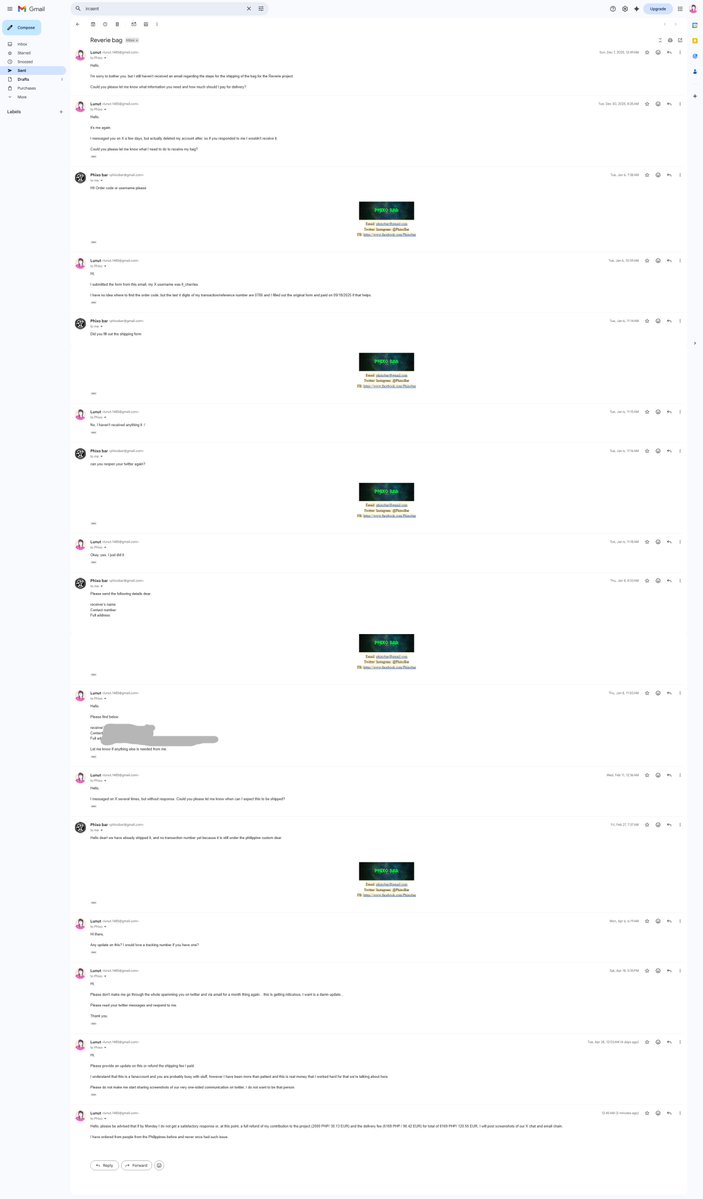 dennyrobinavich's tweet photo. I am asking for your help to share this.
Posting this from here and not my other account (@ll_cherries), since I will be able to write everything in one post here. 

I have been waiting to receive an item from @PhixoBar since last year and haven't received any response from the fanbase below for months now, and if I won't get what I paid for, without even the courtesy of response, I need help.

On the 17th of Sep 2025, I asked @PhixoBar if they can ship the below items to Europe as well, and they confirmed they can. 
I proceeded with filling out the form and transferring the full amount immediately, as I wanted to contribute to the project as quickly as possible. 

They were very helpful and assisted me with my questions quickly, advising I will receive an email with follow-up steps.

On the 7th of December 2025, I messaged and emailed them requesting more information, as I haven't received anything at that point. 

I did not receive a response for several weeks, so I followed up on the 30th of December. 

On the 6th of January 2026 they responded, I provided my address for shipping the item and they advised me of the delivery fee (screenshot they provided below), which I also immediately transferred. 

On 11th of February 2026, I messaged and emailed again asking for an update, as after paying for the shipping and providing my address, I have not received any further information. 

They responded on the 27th of February advising me that they have already shipped it, but there was no transaction number yet because it was still under the Philippine customs. 

At this point, I thought, it's weird for that to be happening for two months now, but okay. 

This was the last time I heard from them. 

I have been periodically following up with them both from X and via email, but I never got a response anywhere. 

I genuinely wanted to help with the project and even if it was without receiving any item, I would've been happy to contribute for Baekhyun. If they have just told me they can't ship the item, I would've understood and still donate. 

At this point, however, I am feeling lied to; those are money I worked for and that fact being so disrespected by fellow EXO-Ls is making me very sad. I wouldn't have even thought to request a refund if I have simply received a response, we could've come to an understanding.

I have never had such experience with the numerous orders I have made from the Philippines, and specifically from other EXO-Ls. I did not expected it form a fanbase that I haven't heard anything bad about.

I understand some things (like what happens with the item after it is shipped) are beyond the sender's control, however, I have been ignored for months now and I am simply tired. They cannot convince me in any way that no tracking number has been generated for 3 whole months. 

I do not know what outcome I expect by writing this, but I have already advised them I am requesting full refund. 

I am sharing screenshots of the above mentioned conversations and details. 

Lastly, I am proud to be an EXO-L, I am still here even through the hard times, and I know the fanbases do a lot of good for our boys. All I ask is we respect each other as fans, and this is not what is happening here. 

Once again I am asking your help to share this.
