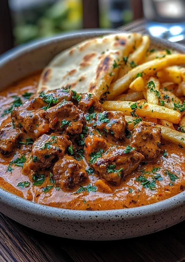 will95186's tweet photo. Silky Garlic Butter Beef with Garden-Fresh Vibes, Fries &amp; Naan https://t.co/EC1U1wQrhb