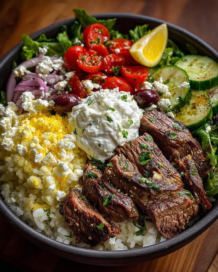 will95186's tweet photo. Greek Steak Gyro Bowl with Whipped Lemon Garlic Feta https://t.co/R4O2JHe0ON