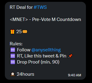TWS_SUPPORTS's tweet photo. RT Deal for #TWS 

<MNET> - Pre-Vote M Countdown

🎁 25🎟️

Rules:
♾️ Follow @anysellthing 
♾️ RT, Like this tweet &amp; Pin 📌
♾️ Drop Proof (min. 90)

🕰️ 24hours
#투어스 #NO_TRAGEDY #YouYou https://t.co/DZpDNQD09Z
