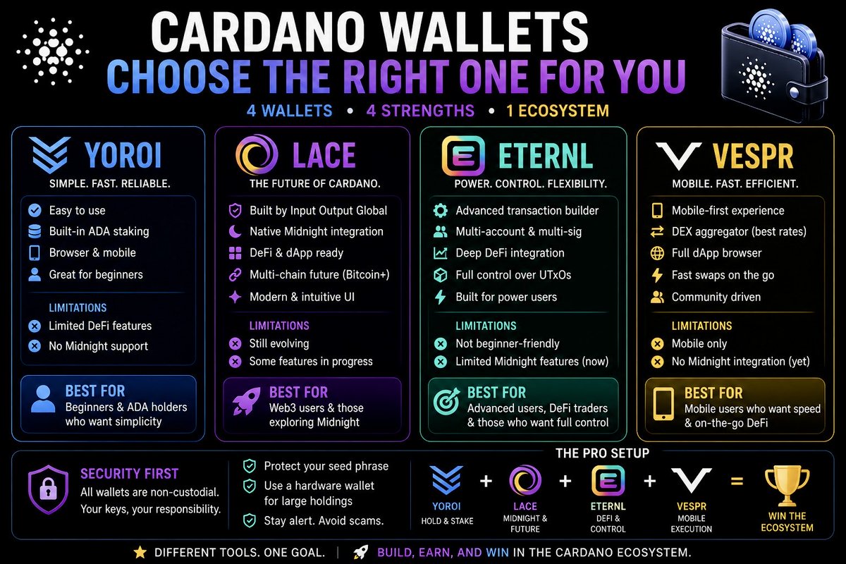 NathanCWest's tweet photo. 🧵 The TRUTH about Cardano wallets (most people get this wrong):
There is NO “best wallet.”
There are only tools for different jobs 👇
@Cardano #lace #Enternl #Yoroi #Vespr cardano:native https://t.co/n8QlplkDDv