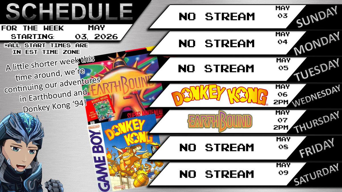RKMusou's tweet photo. Quick little schedule post!

Wed, more Donkey Kong '94
Thurs, continuing Earthbound

Have a great week!
https://t.co/EkZJ44xiXJ
https://t.co/sabGOclOmn
#ENVtuber #Vtuber #VTuberEN https://t.co/WdFTnU9Mfp