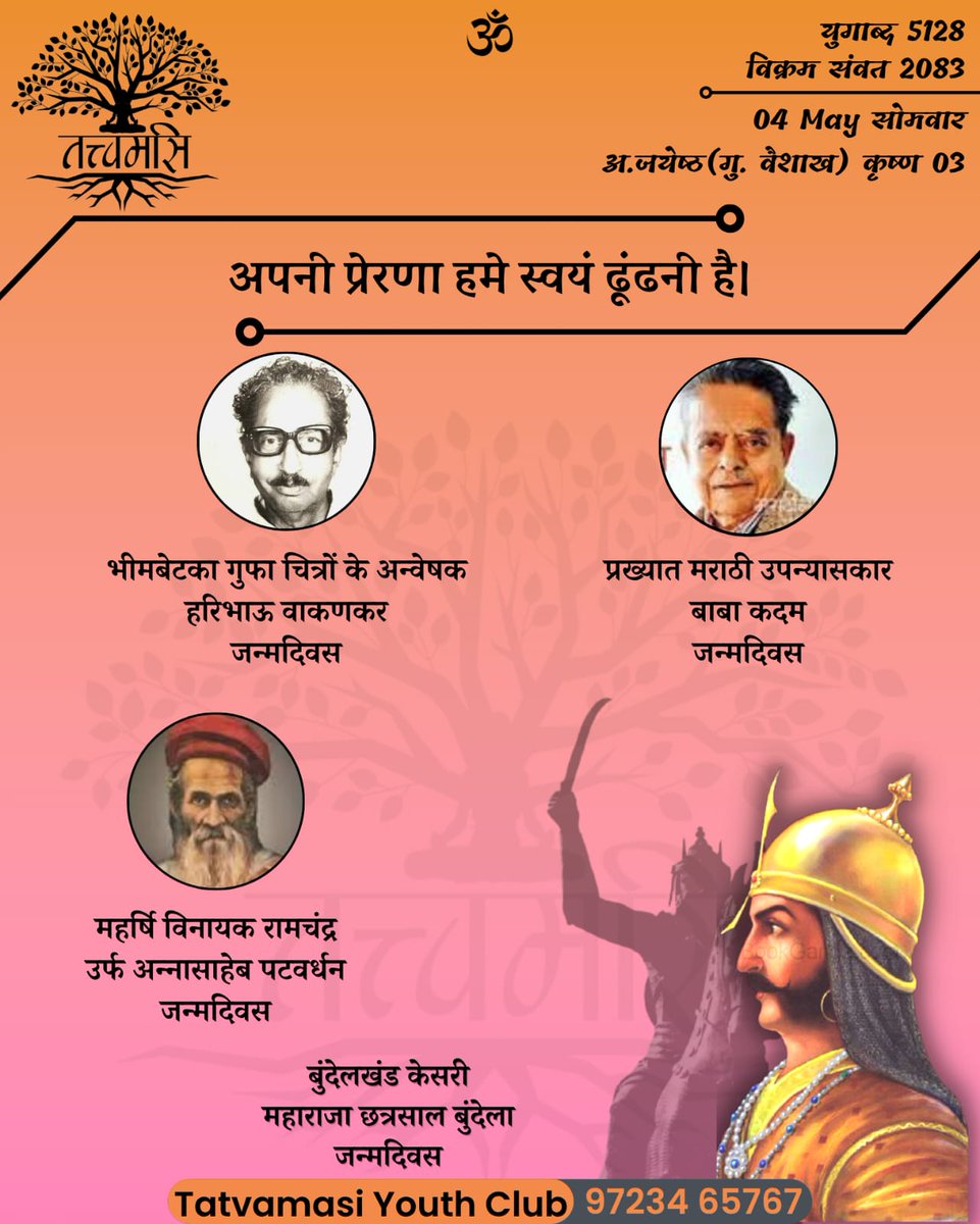 🕉️ आज का इतिहास – 04 मई

आज के दिन हम उन महान व्यक्तित्वों को स्मरण करते हैं जिन्होंने अपने कार्यों से भारत की संस्कृति, इतिहास और साहित्य को समृद्ध किया।

🔸 हरिशाऊ वाकणकर (1919–1988)
भारत के प्रख्यात पुरातत्वविद्, जिन्होंने भीमबेटका की प्राचीन शैलचित्रों की खोज कर विश्व को भारत