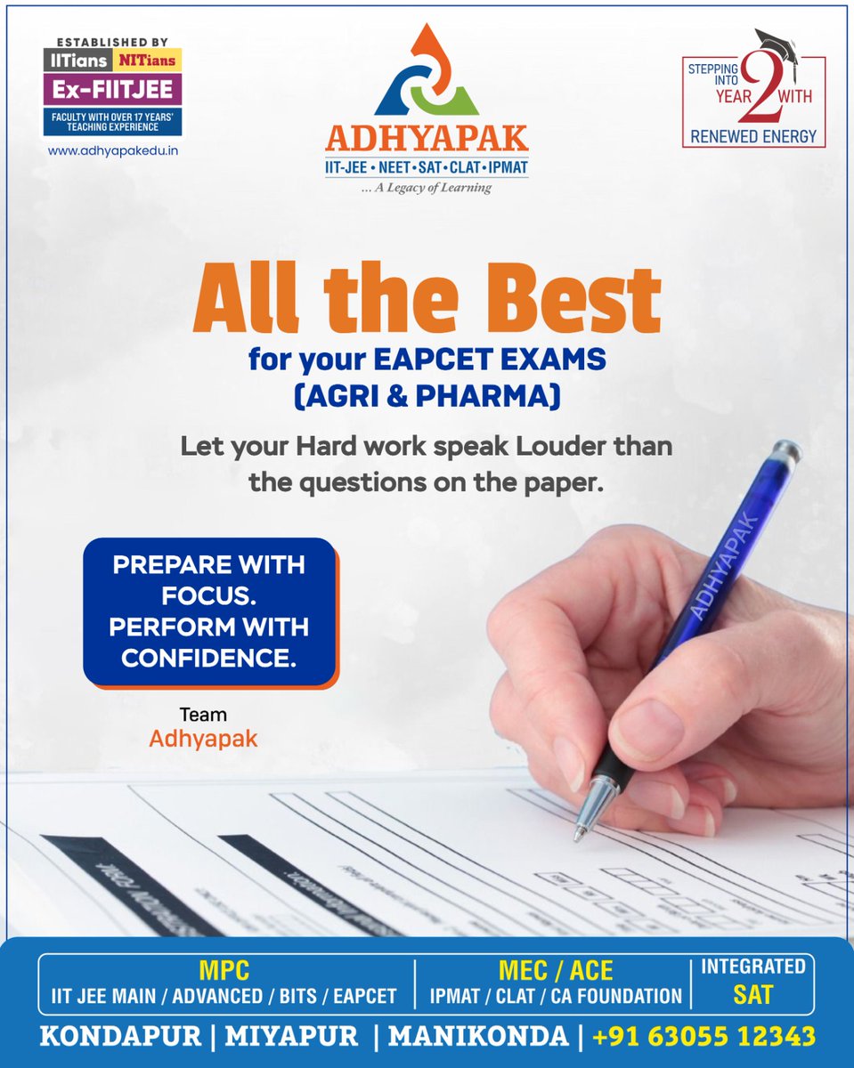 TechAdhyapak's tweet photo. All the best, EAPCET (Agri &amp; Pharma) aspirants! 🌱

Stay focused. Perform with confidence. 🎯

#EAPCET #AllTheBest #Adhyapak https://t.co/RjuhwyYRV7