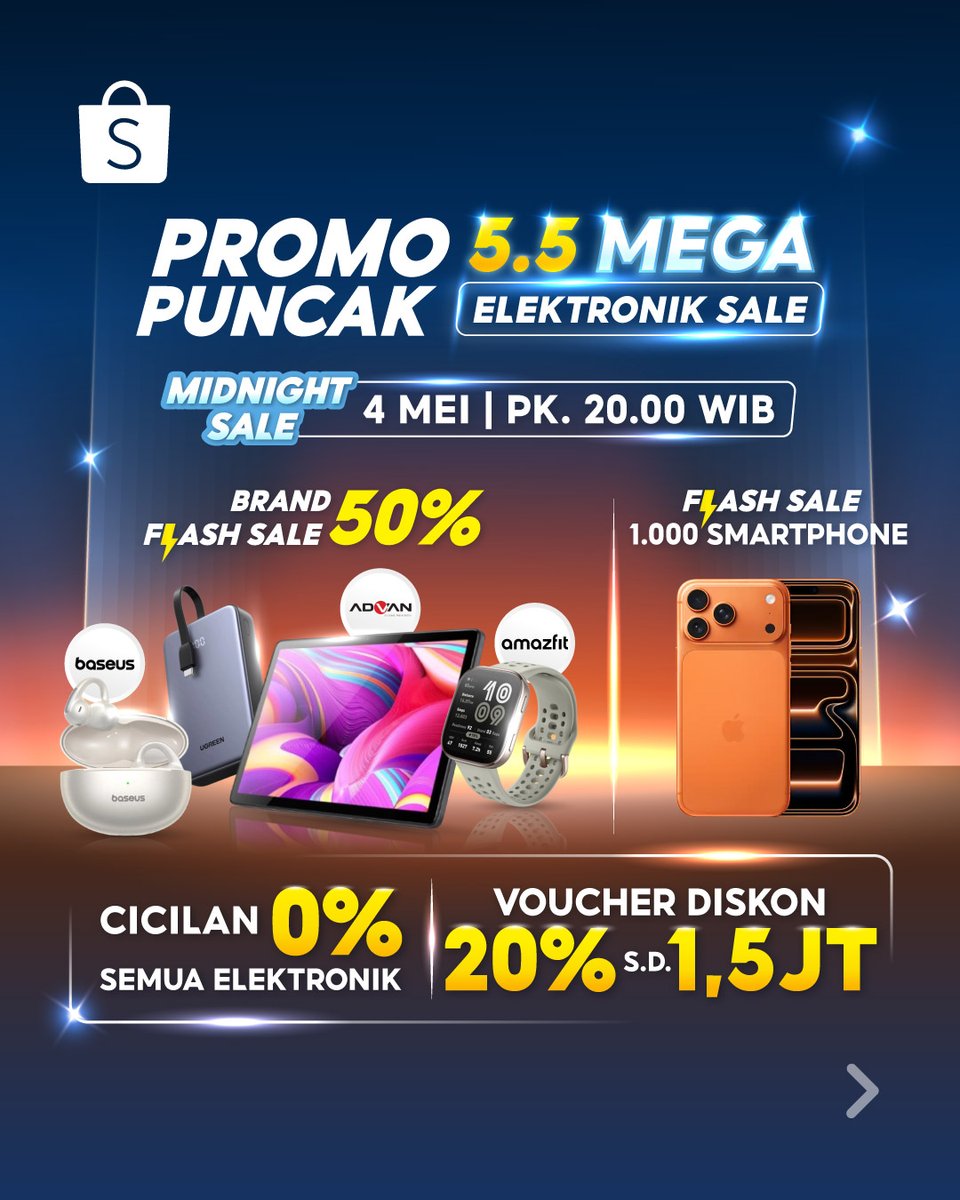 katalogpromosi's tweet image. Bocoran Promo Puncak Shopee 5.5 Mega Elektronik Sale! ⚡📱
Mulai malam ini jam 20.00 WIB: FS Smartphone 1000, Brand Flash Sale 50%, &amp;amp; Voucher Diskon s.d 1,5JT.

Link klaim voucher &amp;amp; cek info lengkapnya 👉 katalogpromosi.com/promo-shopee-5…

#Shopee55 #FlashSale #Gadget