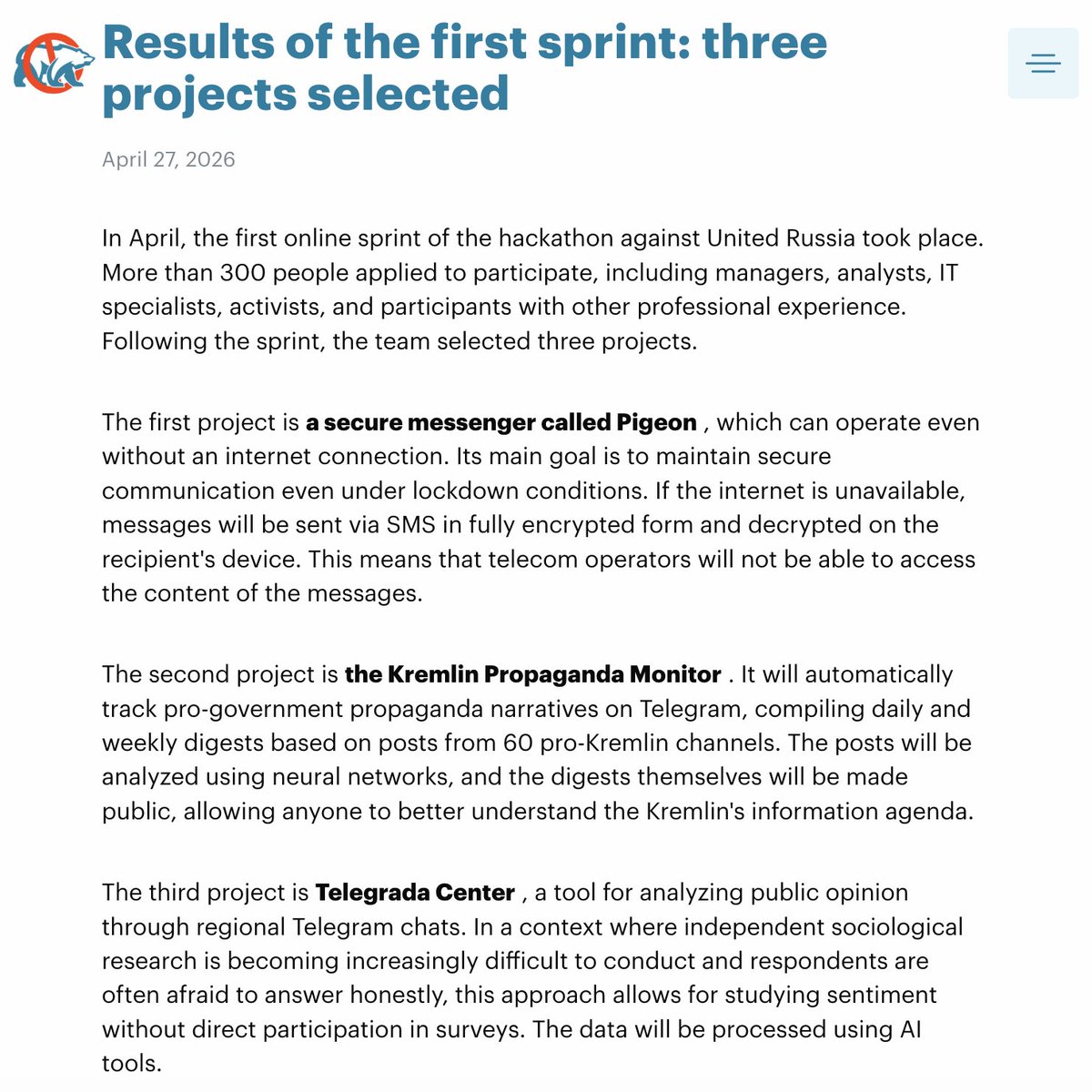 AnyaChekhovich's tweet photo. Recently at @ACF_int  we wrapped the first sprint of our hackathon against Putin’s party.
Meet the three winning projects 👇
(1st place winner Pigeon integrates with the Bitchat protocol)
Got ideas for the next sprint? Let me know! https://t.co/UOeY79fd4l