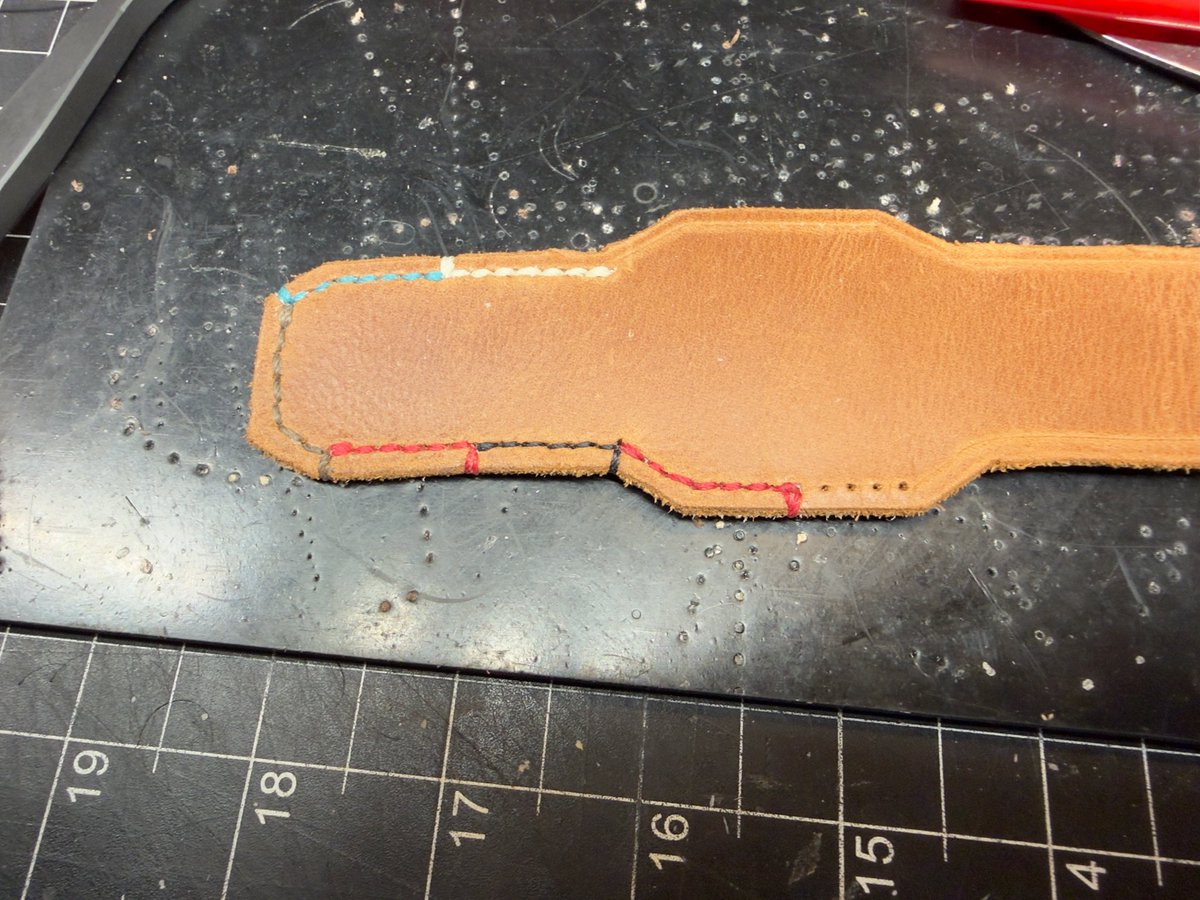 SmugglersKnob's tweet image. Day 54-Spent some real time trying to decide on a stitch color. Ended up stitching the failed bracelet just to see the differences. Which color do you like the best?#365PhotoChallenge #leathercraft #VetMaker