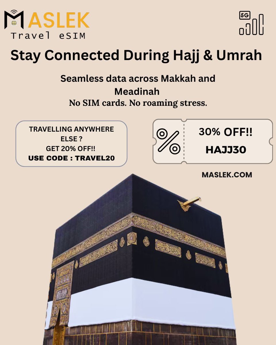 Masleke's tweet image. Stay Connected During your Hajj &amp;amp; Umrah 
Seamless Data across Saudi Arabia 

Instant Activation 
Works the moment you land 
STC network Coverage 
WhatsApp voice/video calls working 

Get 30% OFF!! On your eSIM now 
Use Code: HAJJ30

#hajj #makkah #madinah #umrah 
#esim #hajj2026