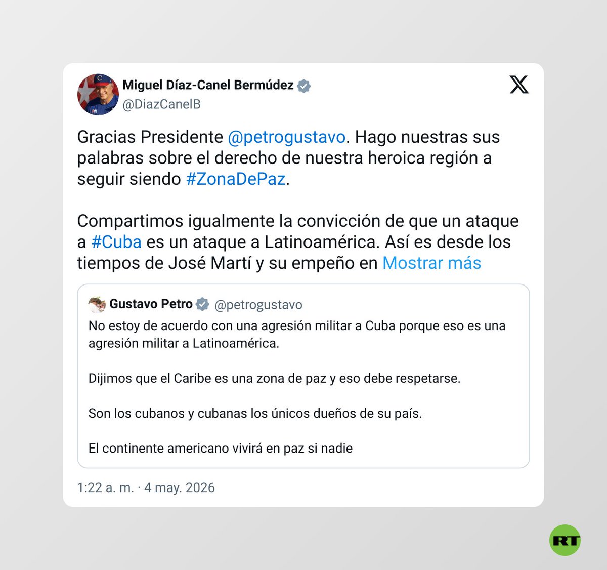 ActualidadRT's tweet photo. 🇨🇺 🇨🇴 Díaz-Canel agradece a su homólogo colombiano el apoyo frente a las presiones y amenazas de EE.UU.

https://t.co/a9UNWeRnzQ https://t.co/QngbrJCvyh