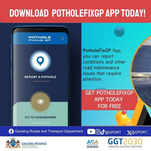 GPDRT_'s tweet photo. Download the PotholeFix GP App today and report potholes instantly from your phone.
Together, letโs keep Gauteng roads safer and smoother.
Available now on your app store.
#PotholeFixGP #SmartReporting #growinggautengtogether https://t.co/4cbvpHIkm7