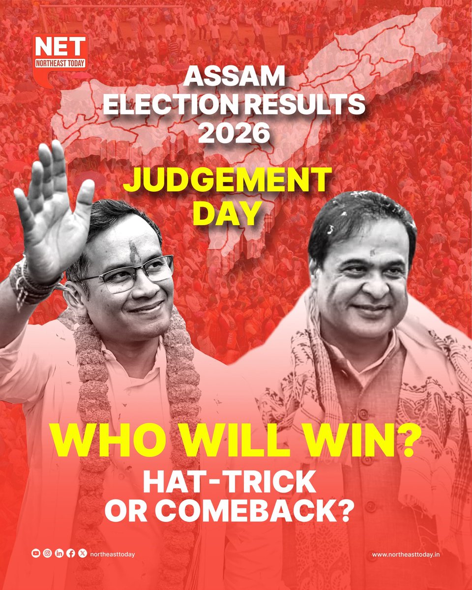 NortheastToday's tweet image. #AssamElectionResults2026 | Countdown to verdict! ⏳

Assam decides 2026. BJP aims for a third straight win. Congress hopes to turn the tide.

What’s your prediction?

#ResultsWithNET  #AssamElections  #Northeast