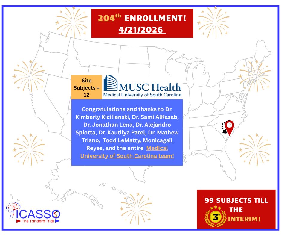 ThePICASSOTrial's tweet image. Congrats and thank you to Dr. @DoctorKNSGY, Dr. @samialkasab, Dr. Jonathan Lena, Dr. @alex_spiotta, Dr. Kautilya Patel Dr. Mathew Triano, and the rest of the @MedUnivSC for enrolling their 12th subject in the #PICASSO trial! 🎉 @oozaidat @NguyenThanhMD #stroke #ClinicalTrial