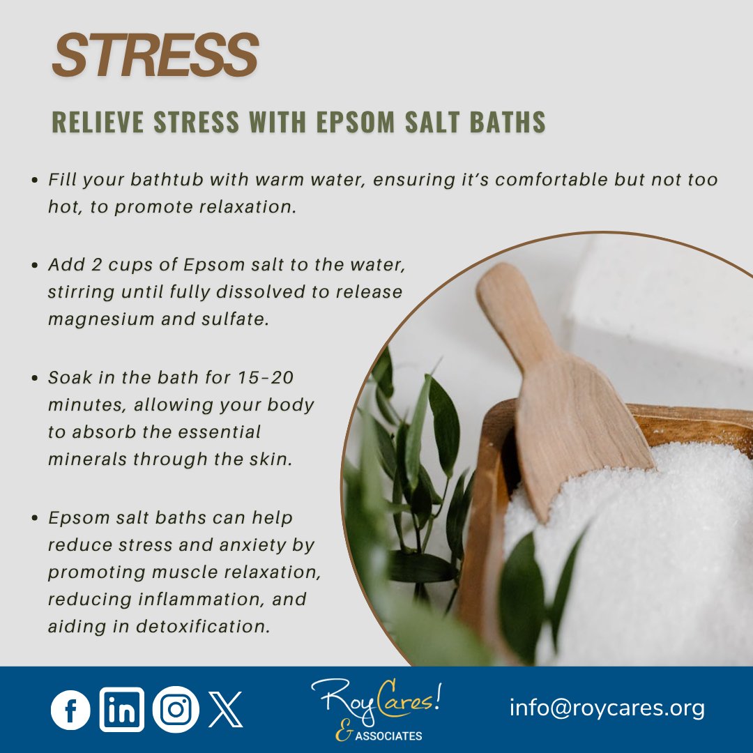 roycaresorg's tweet image. Reset, relax, &amp;amp; recharge.
A simple #EpsomSalt bath can help ease stress &amp;amp; restore balance—just be sure to check with your doctor if you have any medical conditions.
🌐: roycares.org

#StressRelief #SelfCare #Relaxation #CalmMind #HealthyHabits #MindfulMonday #Roycares