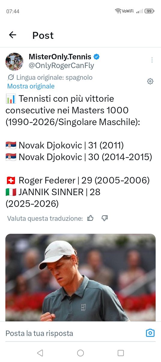 LucaS205320's tweet image. #Sinner arrivando in semifinale a Roma, batterebbe il record di #Djokovic di vittorie consecutive nei Master 1000 (31)
Arrivando ai QF lo eguaglierebbe.

Con 2 vittorie sorpasserebbe #Federer
Con una lo eguaglierebbe.
Storia