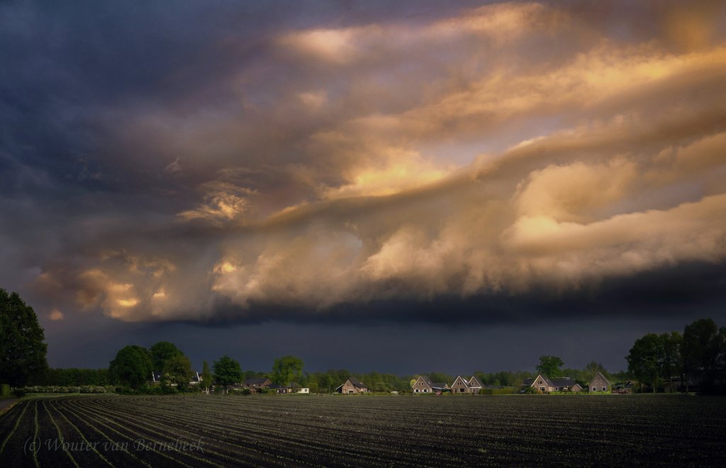 StormchaserNL's tweet photo. ⛈️ Shelfcloud (wolkenkraag) tegen het licht van de laagstaande zon! Gisteravond rond 20 uur bij het dorp Heerde in Gelderland... #onweer https://t.co/9RticUEWQR