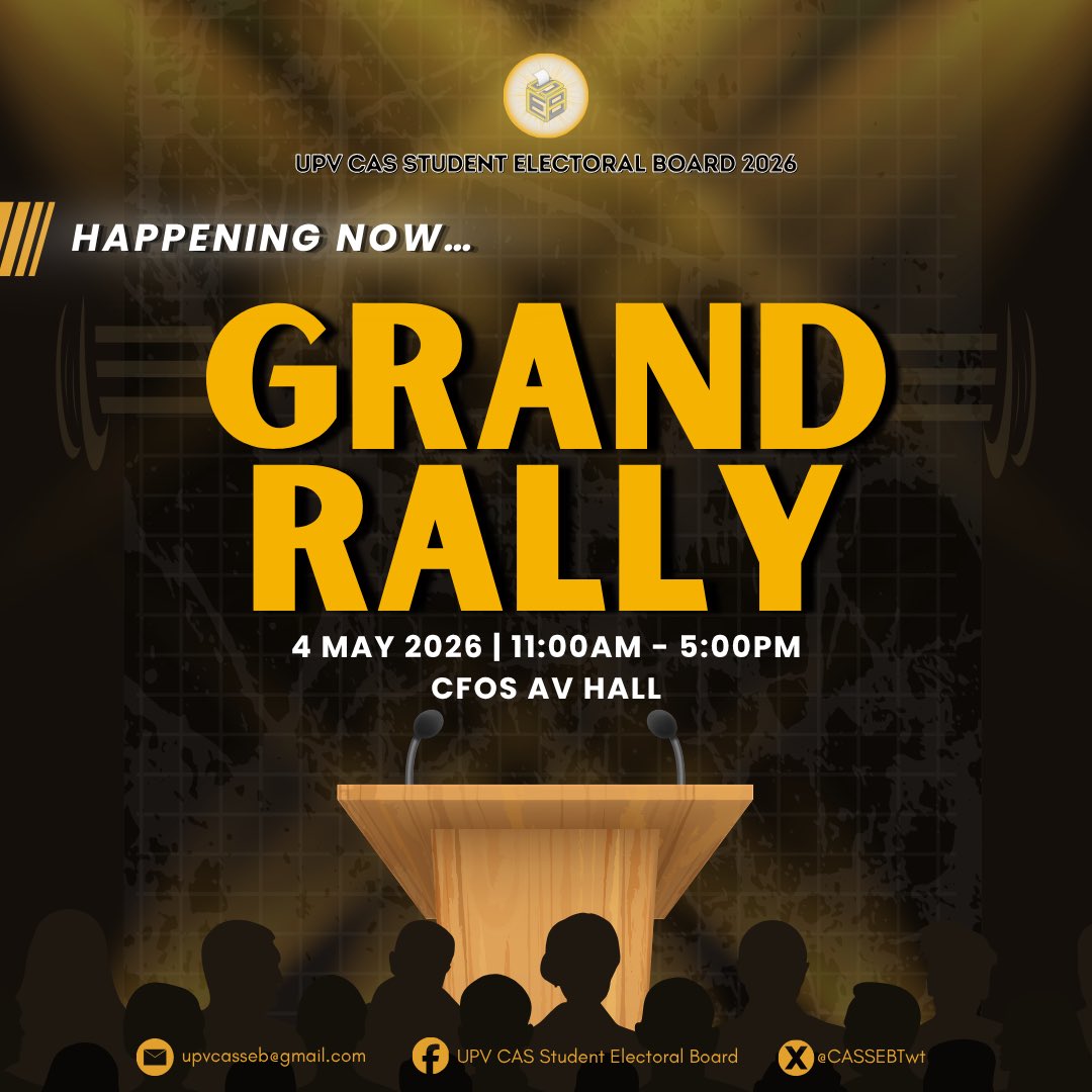 CASSEBTwt's tweet photo. 𝙃𝘼𝙋𝙋𝙀𝙉𝙄𝙉𝙂 𝙉𝙊𝙒…

The Grand Rally is ongoing here at CFOS AV HALL. 𝙆𝙪𝙣𝙜 𝙨𝙖𝙖𝙣 𝙖𝙣𝙜 𝙗𝙖𝙬𝙖𝙩 𝙩𝙖𝙣𝙤𝙣𝙜 𝙖𝙮 𝙢𝙖𝙮 𝙠𝙖𝙥𝙖𝙣𝙜𝙮𝙖𝙧𝙞𝙝𝙖𝙣, 𝙖𝙩 𝙗𝙖𝙬𝙖𝙩 𝙨𝙖𝙜𝙤𝙩 𝙖𝙮 𝙢𝙖𝙮 𝙥𝙖𝙣𝙖𝙣𝙖𝙜𝙪𝙩𝙖𝙣.

#UPVCAS #SEB26 #StudentElections https://t.co/6pRAmwagIY