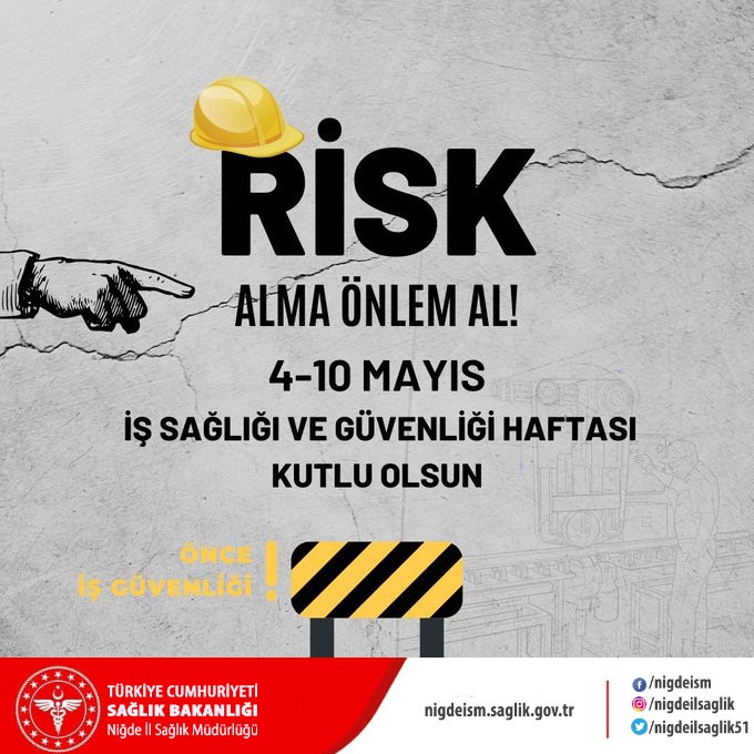 nigdeilsaglik51's tweet image. “4-10 Mayıs İş Sağlığı ve Güvenliği Haftası”

Risk alma, önlem al! Önce insan, önce sağlık, önce iş güvenliği ! 
“4-10 Mayıs İş Sağlığı ve Güvenliği Haftası” kutlu olsun. 
#iş #sağlık #güvenlik #işsağlığıvegüvenliğihaftası