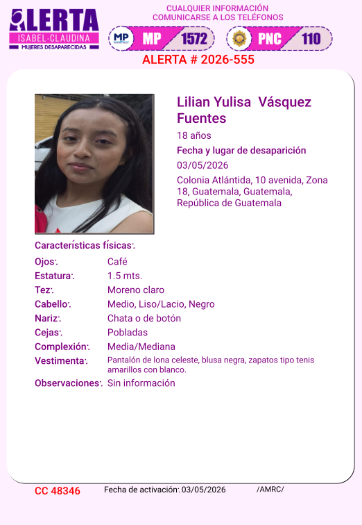 isabel_claudina's tweet photo. #AlertaIsabelClaudina
🚨 Ayúdenos a encontrar a
LILIAN YULISA VASQUEZ FUENTES
Desapareció el 03 de mayo  del año 2026
Cualquier información comunicarse al teléfono 📞 1572
Gracias por difundir esta información❗ https://t.co/XUIPPgKiZH