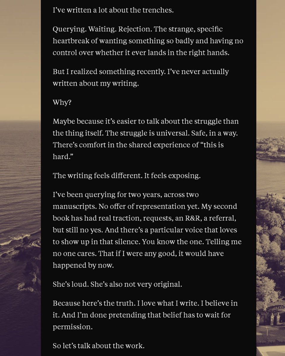 BMFwrites's tweet image. Takes a deep breath :: Posts my most vulnerable Substack yet. 

Querying June 6. A gift to myself for my 40th. ✨️

I thought I'd be further ahead by now. But I'm not. And that's okay. 

#amquerying #litagents #writingcommunity #paranormalromance