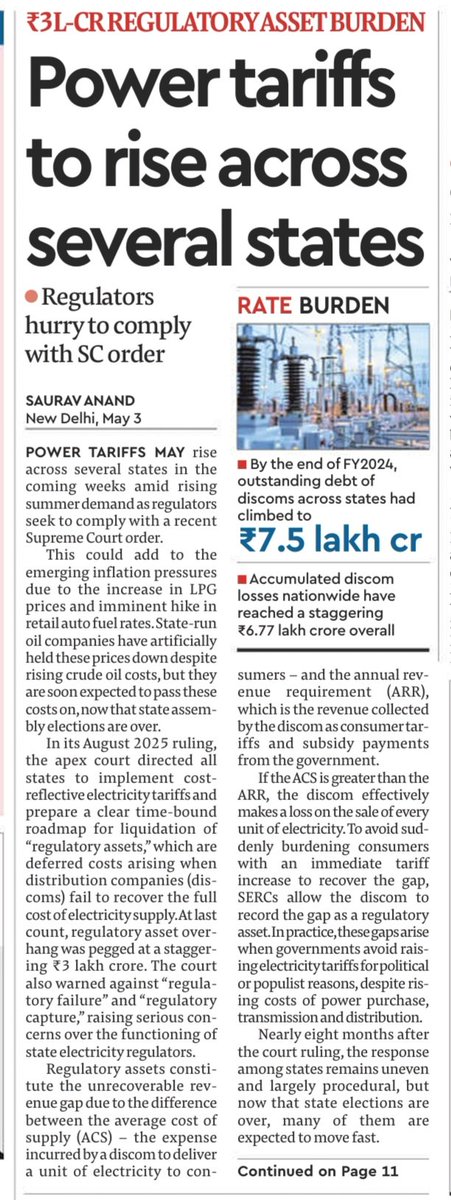 shuklasach's tweet image. 3 unrelated shocks converge into Perfect storm for wallets &amp;amp; burn a hole this summer: 1) SC’s Aug25 order forces states to clear ₹3L-cr via #Powertariff hikes 2) #IranWar‌ lifts input costs 3) #Fuel prices frozen for #StatePolls; may get unlocked post #Election results today