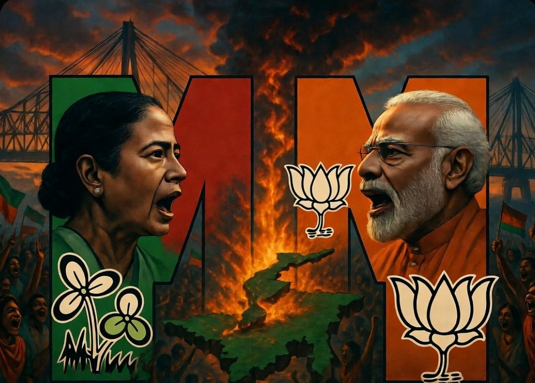 Tammannah325461's tweet photo. "M vs M: The Epic Political War in West Bengal!

Mamata (TMC) vs Modi (BJP).. Two giants,one battlefield.

Green &amp; Red  vs Saffron 

Who wins Bengal’s heart in 2026?

 #WestBengalPolitics #MamataVsModi #TMCvsBJP #BengalElection2026 #MvsM" https://t.co/3KZ6canbRo