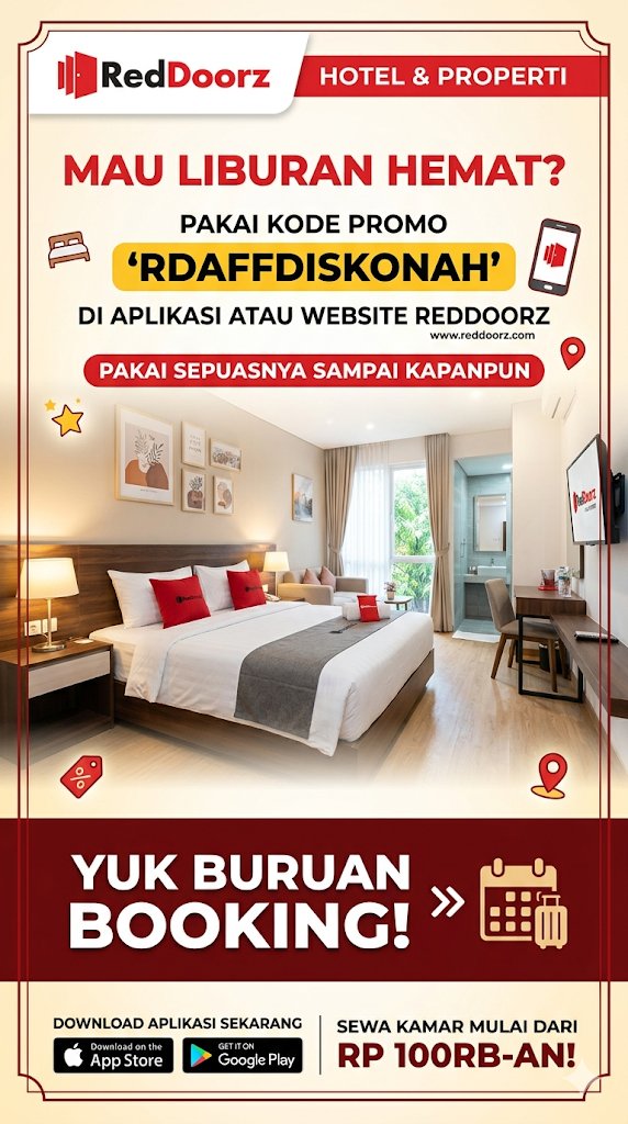 AdzhaCo's tweet image. Staycation makin hemat pakai kode promo RDAFFDISKONAH di aplikasi RedDoorz! 🏨✨
Nikmati tambahan diskon yang bisa kamu pakai berkali-kali sampai puas. Cus, booking hotel buat liburan nanti! 💸
#RedDoorz #Jakarta #Bandung #Surabaya #Jogja #Bali #Medan #Semarang