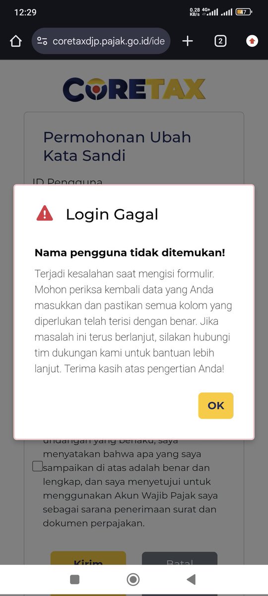 DyahD's tweet photo. ingin bertanya @kring_pajak jika akun coretax saat ingin lupa password muncul notif begini bgmn ya? padahal untk nik dan passwor sblmnya merasa sudah benar tp tdk bs login tp saat klik lupa passworda dan sdh memasukkan email maupun nomor muncul notif seperti ini https://t.co/K941yZLA1s
