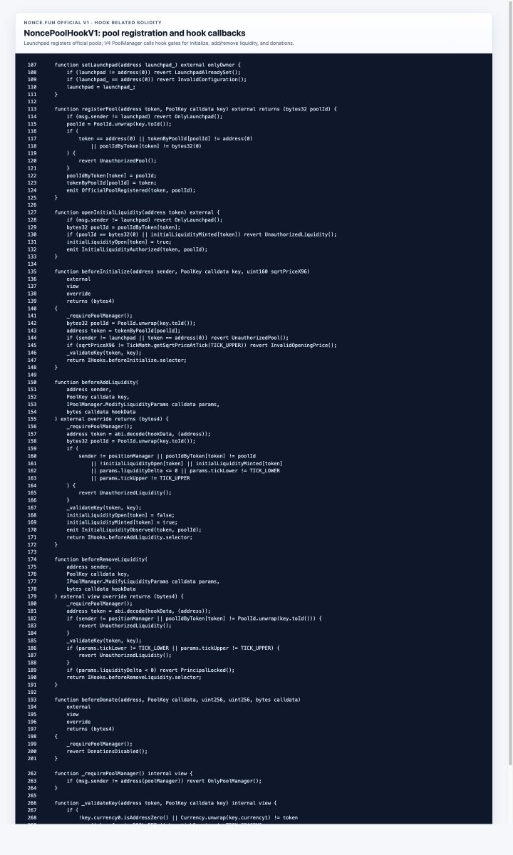 noncedotfun's tweet image. We’re building the first and only token launchpad powered by @Uniswap  V4 #hooks.

nonce.fun Official V1 uses dedicated contracts (open sourced) for V4-native launches:

Launchpad  
etherscan.io/address/0xdb95…
Hook  
etherscan.io/address/0x40de…
The hook controls pool