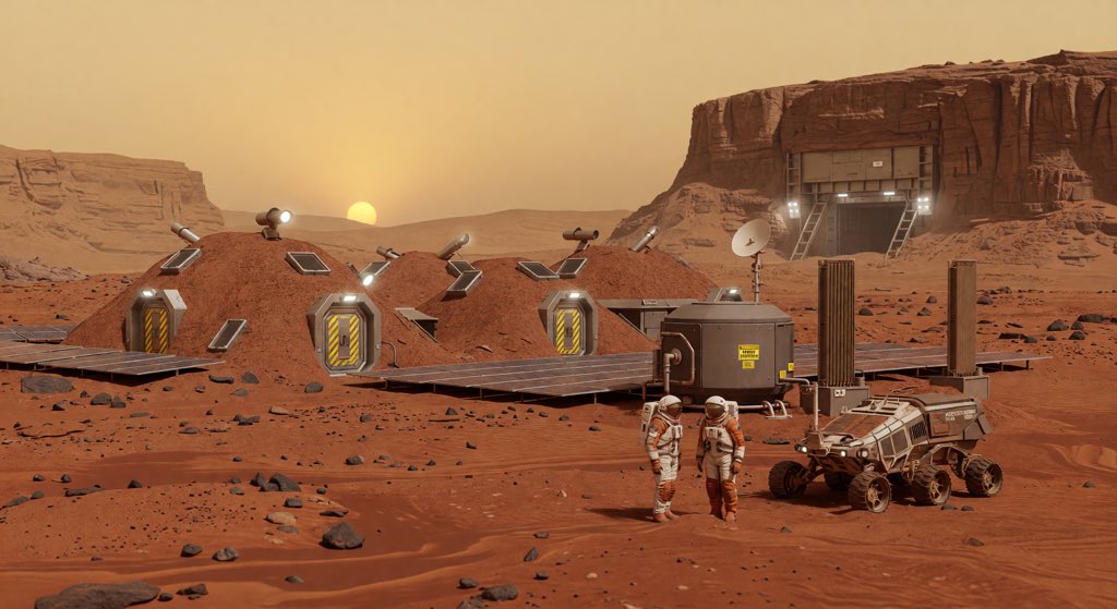 AdsOptimiserApp's tweet photo. @elonmusk A realistic Mars settlement features regolith-covered habitats blending into the rusty landscape https://t.co/JZrSKy4GYB