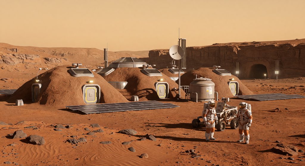 AdsOptimiserApp's tweet photo. @elonmusk A realistic Mars settlement features regolith-covered habitats blending into the rusty landscape https://t.co/JZrSKy4GYB