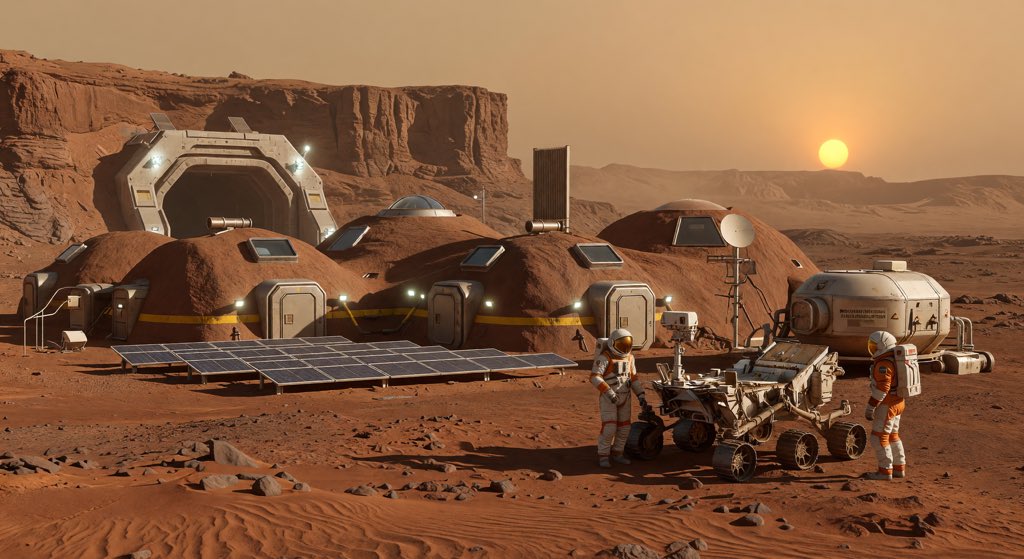 AdsOptimiserApp's tweet photo. @elonmusk A realistic Mars settlement features regolith-covered habitats blending into the rusty landscape https://t.co/JZrSKy4GYB