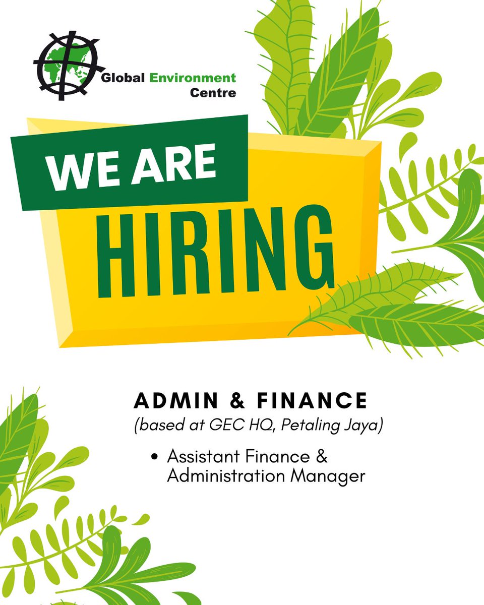 GECtalks's tweet image. We are hiring!

Join GEC as an Assistant Finance &amp;amp; Administration Manager and support work that conserves forests, rivers, peatlands, mangroves and communities across the region.

👉 Details and application: gec.org.my/vacancies

#Hiring #JobOpportunity #Finance #Admin