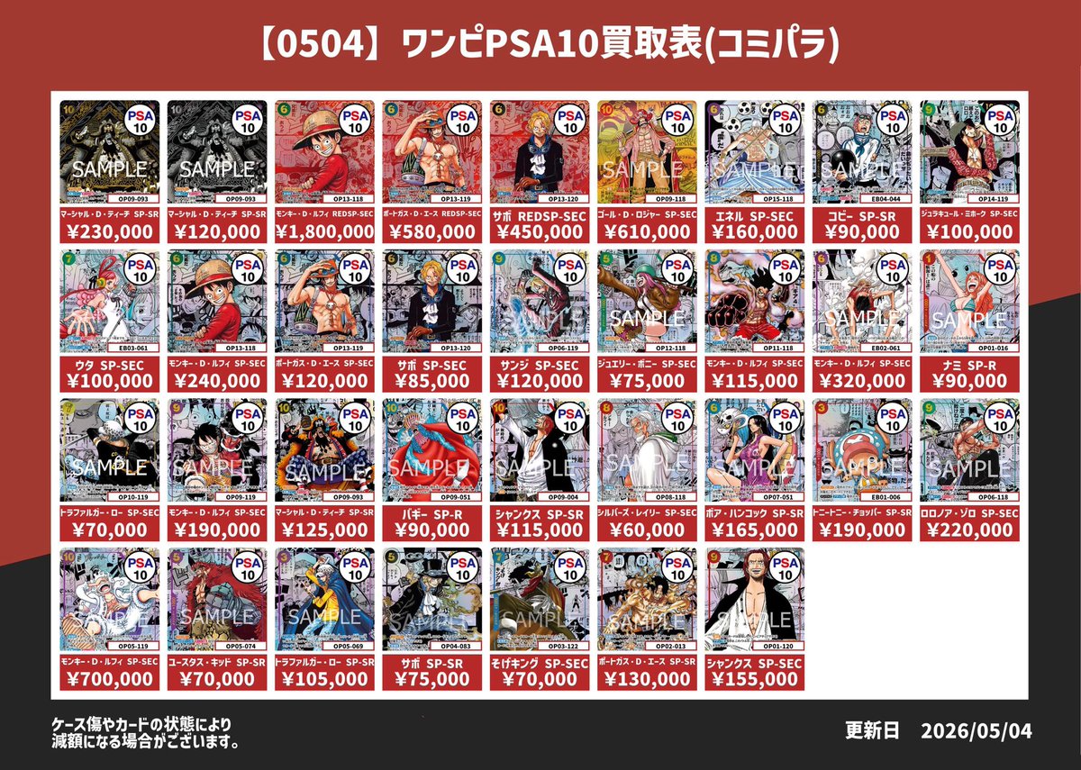ワンピースカードPSA10買取表