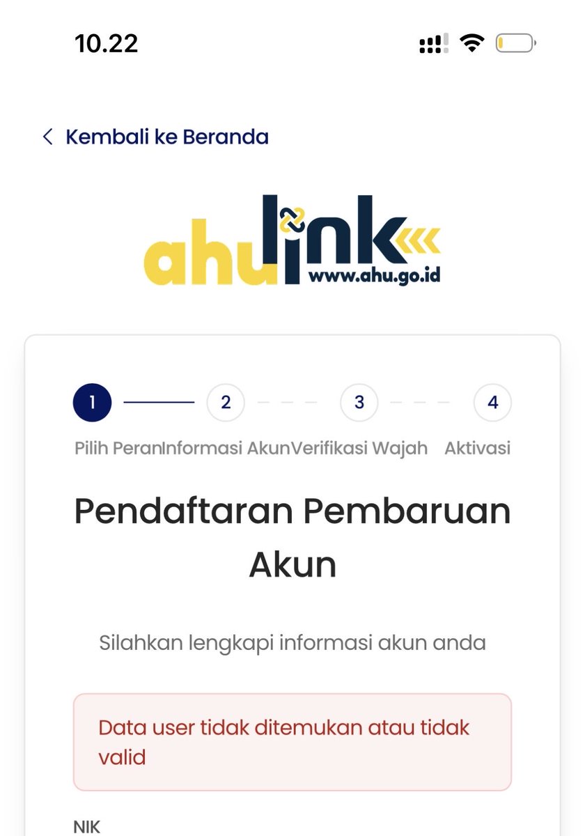 singaaaaaaaaaaa's tweet photo. @djahu_kemenkum Saat Pendaftaran Pembaruan Akun, Data user tidak ditemukan atau tidak valid, padahal NIK sudah benar dan password juga sudah benar 🥲

Mohon bantuannya, agar kami bisa laporan keuangan &amp; mematuhi aturan yang ada.

Terima kasih 🙏 https://t.co/Z2PVLTLDnw
