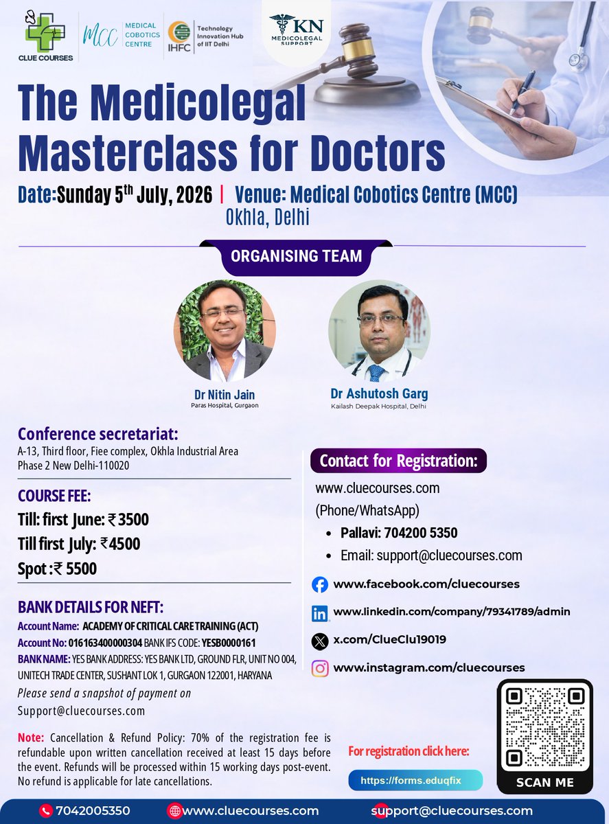 CLUE_Courses's tweet photo. Secure Your Practice in Today’s Litigious World! 
📷 Date: 5th July 2026
📷 Venue: Medical Cobotics Centre, IIIT, Okhla
📷 Early Bird Fee: ₹2500 (Limited Seats!)
📷 Contact: 7042005350
📷 Email: support@cluecourses.com
📷 Website: https://t.co/boRZr6v43R https://t.co/ZlLS1b70yp