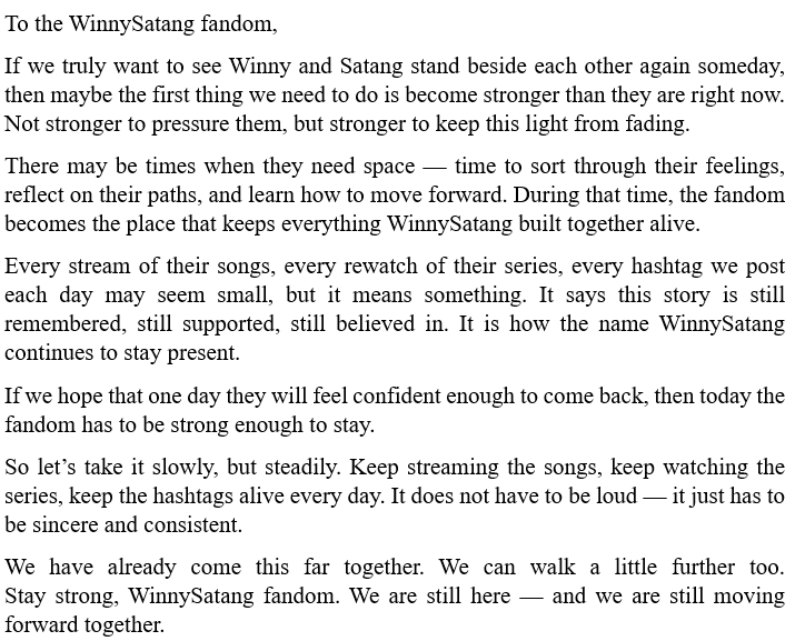 TAM23763722's tweet photo. These words are for the WinnySatang's fandom. I hope we will still be here, waiting for them together. Please read it and share this to everyone. Thank you so much💙🤍🫂🦥💪
@winny_thanawin @satangktp @samruay_GMMTV 
#WinnySatang https://t.co/gpvIfPOpcu