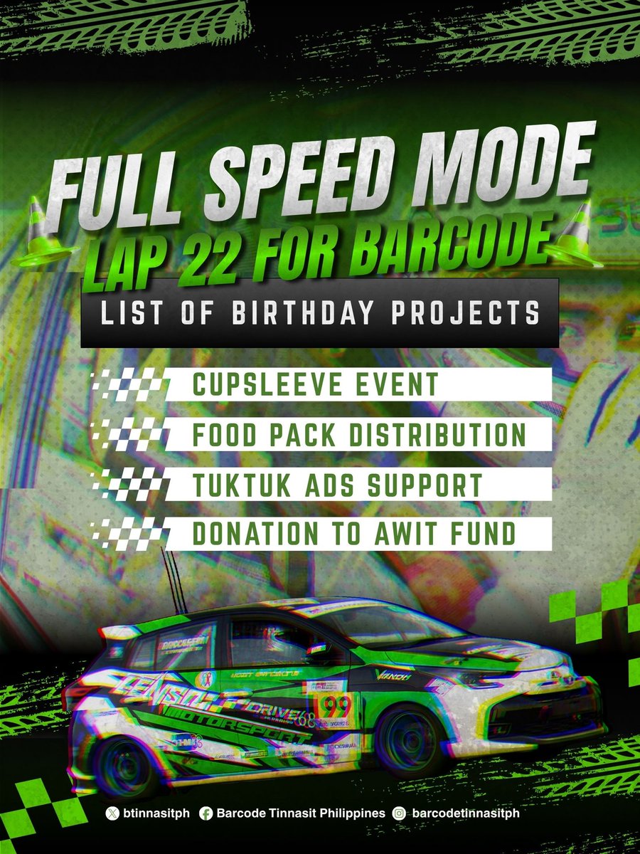 BTinnasitPH's tweet photo. 𝙁𝙐𝙇𝙇 𝙎𝙋𝙀𝙀𝘿 𝙈𝙊𝘿𝙀: LAP 22 FOR BARCODE 🏁💚

Barcode Tinnasit 22nd Birthday Celebration Project 🎂🎉

This Lap 22 isn't just a project— it is our love in motion for Barcode.
𝑬𝒗𝒆𝒓𝒚 𝒔𝒕𝒐𝒑, 𝒆𝒗𝒆𝒓𝒚 𝒆𝒇𝒇𝒐𝒓𝒕… 𝒂𝒍𝒍 𝒇𝒐𝒓 𝒉𝒊𝒎. ✨️

Let's ride this journey together. 🏁

Further details coming soon. Stay tuned! 🏎
#Lap22ForBarcode
#barcodetin #Unit