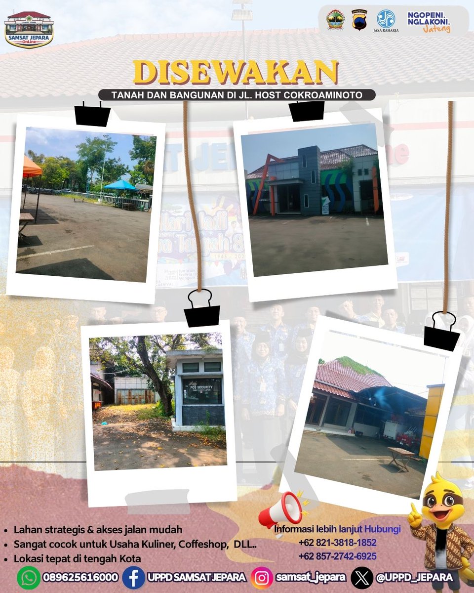 UPPD_JEPARA's tweet photo. Buat sedulur Jawa Tengah yang sedang cari tanah dan bangunan untuk keperluan Bisnis, Gudang, atau Usaha apapun itu, ada tanah dan bangunan di Jl. Host Cokroaminoto. Jika tertarik untuk menyewa dan informasi lebih lanjut bisa hubungi nomor yang tertera/datang ke UPPD Samsat Jepara https://t.co/E2o6InVOUI