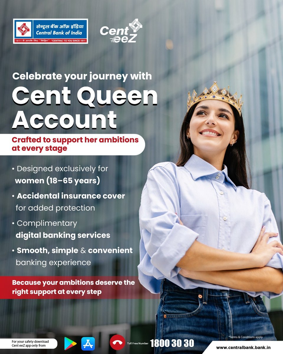 centralbank_in's tweet photo. Empower your financial journey with Cent Queen Account—crafted for women with added security, seamless banking, and exclusive benefits. Step into smarter banking today.
#CentQueen #WomenEmpowerment #SmartBanking #CentralBankOfIndia #CentralToYouSince1911 https://t.co/7l4GajsgNP