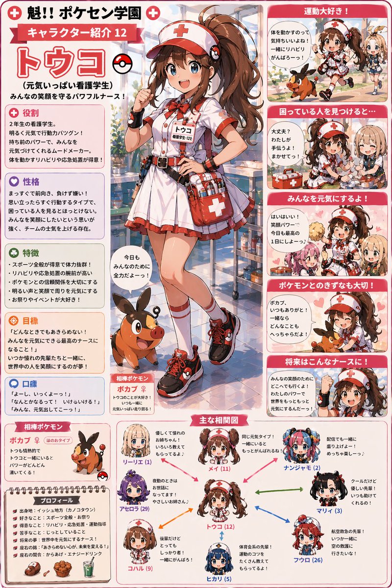 ilovepokemon100's tweet photo. 🏥ポケセン学園キャラクター紹介🏥
トウコ
元気いっぱいの行動派ナース🔥
思い立ったら即行動でみんなを引っ張る存在✨
一緒にいると元気もらえるタイプです☺️
#ポケセン学園
#トウコ
#Hild https://t.co/bZqP2DVj2L